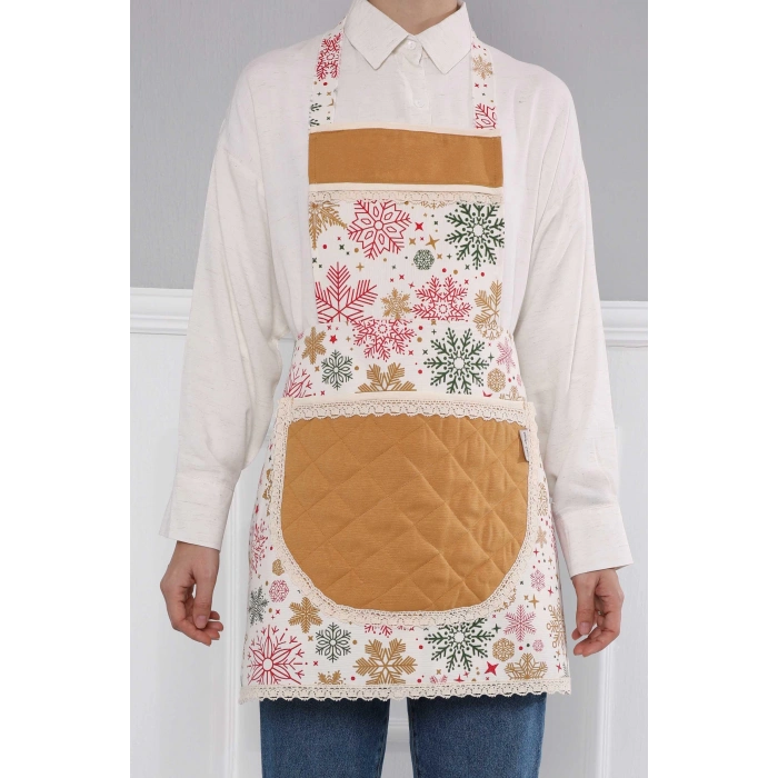 Kenarları Dantelli Mutfak Önlüğü,MO-2 Yıldız 1 Desen - Hardal - Krem