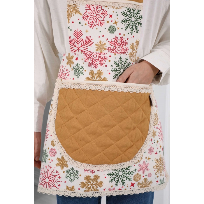 Kenarları Dantelli Mutfak Önlüğü,MO-2 Yıldız 1 Desen - Hardal - Krem