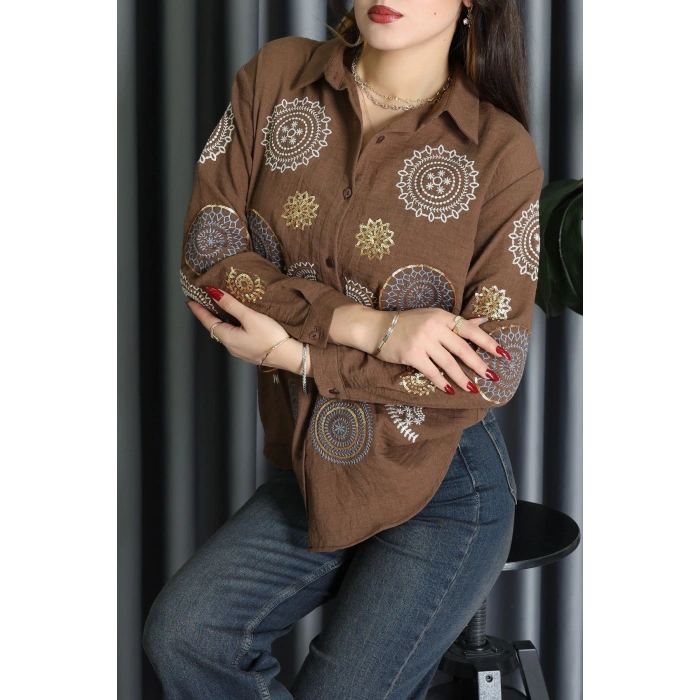 Keten Nakişli Gömlek Kahve - 70998.1934.