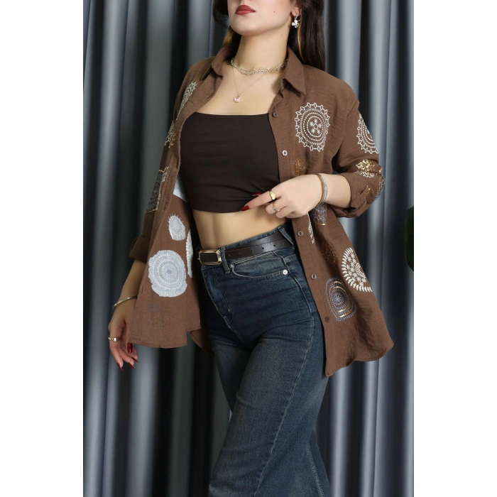 Keten Nakişli Gömlek Kahve - 70998.1934.