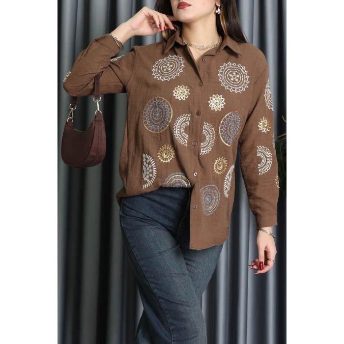 Keten Nakişli Gömlek Kahve - 70998.1934.