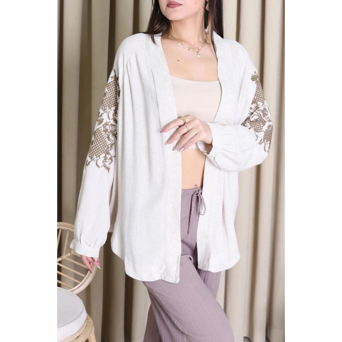 Keten Nakışlı Kimono Taş - 037.2153.