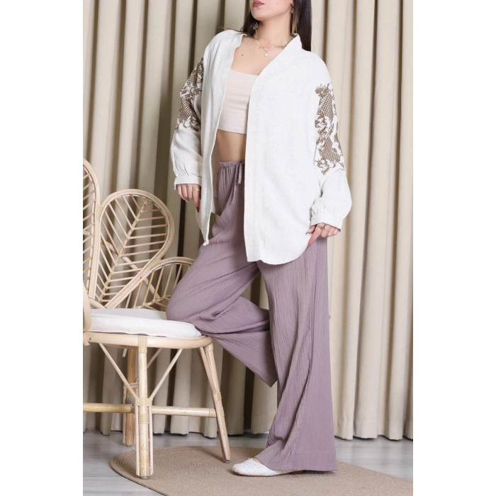 Keten Nakışlı Kimono Taş - 037.2153.
