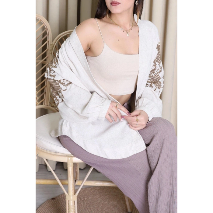 Keten Nakışlı Kimono Taş - 037.2153.