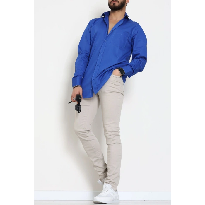 Klasik Pamuklu Erkek Cepli Slimfit Gömlek Saks - 70877.1970.