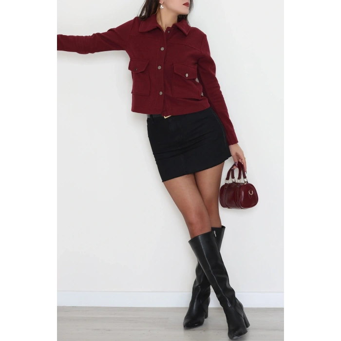 Klasik Yaka Çıtçıt Düğmeli Cep Detaylı Kaşe Crop Ceket Bordo - 70992.1775.