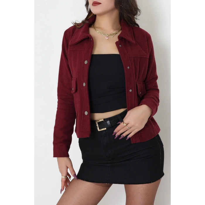 Klasik Yaka Çıtçıt Düğmeli Cep Detaylı Kaşe Crop Ceket Bordo - 70992.1775.