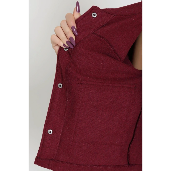 Klasik Yaka Çıtçıt Düğmeli Cep Detaylı Kaşe Crop Ceket Bordo - 70992.1775.