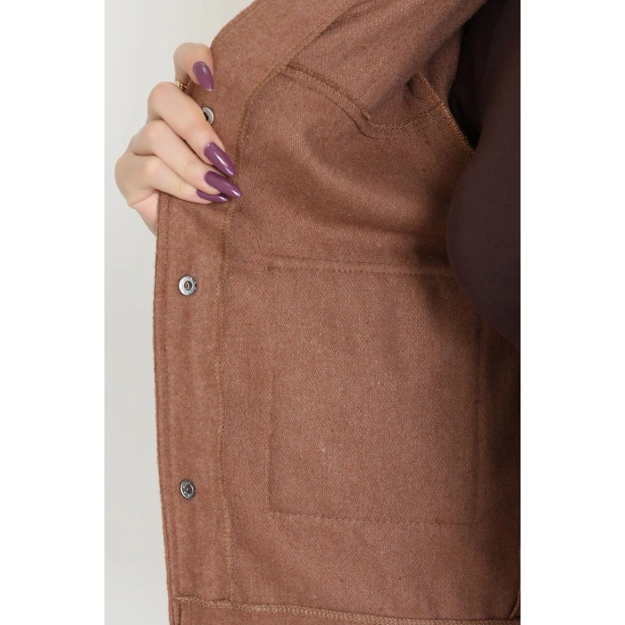 Klasik Yaka Çıtçıt Düğmeli Cep Detaylı Kaşe Crop Ceket Taba - 70992.1775.