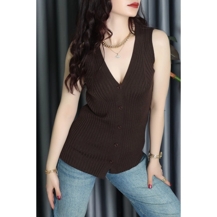 Kolsuz Düğmeli Triko Bluz Acıkahve - 71761.444.