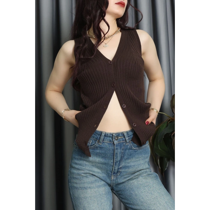 Kolsuz Düğmeli Triko Bluz Acıkahve - 71761.444.