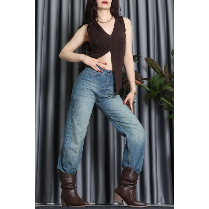 Kolsuz Düğmeli Triko Bluz Acıkahve - 71761.444.