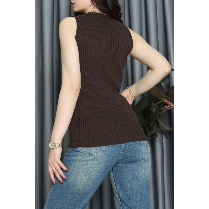 Kolsuz Düğmeli Triko Bluz Acıkahve - 71761.444.