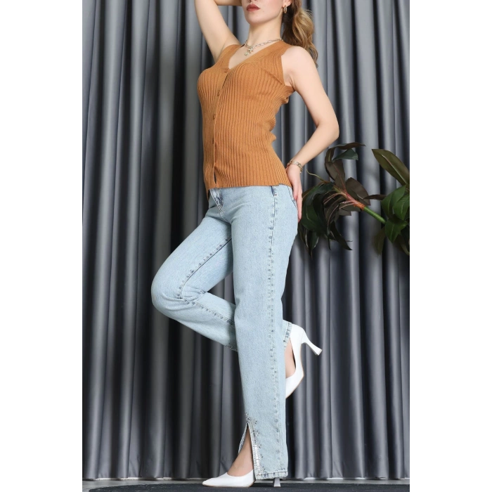 Kolsuz Düğmeli Triko Bluz Camel - 71761.444.