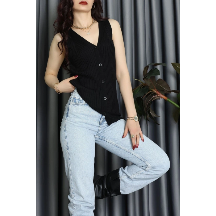 Kolsuz Düğmeli Triko Bluz Siyah - 71761.444.
