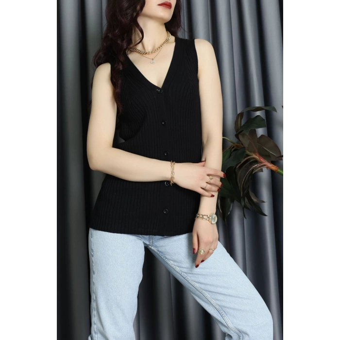 Kolsuz Düğmeli Triko Bluz Siyah - 71761.444.