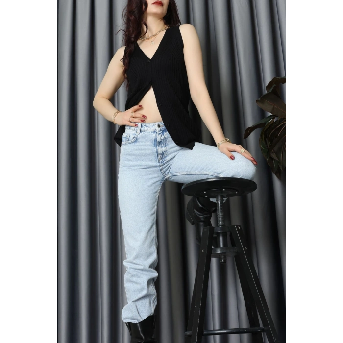 Kolsuz Düğmeli Triko Bluz Siyah - 71761.444.