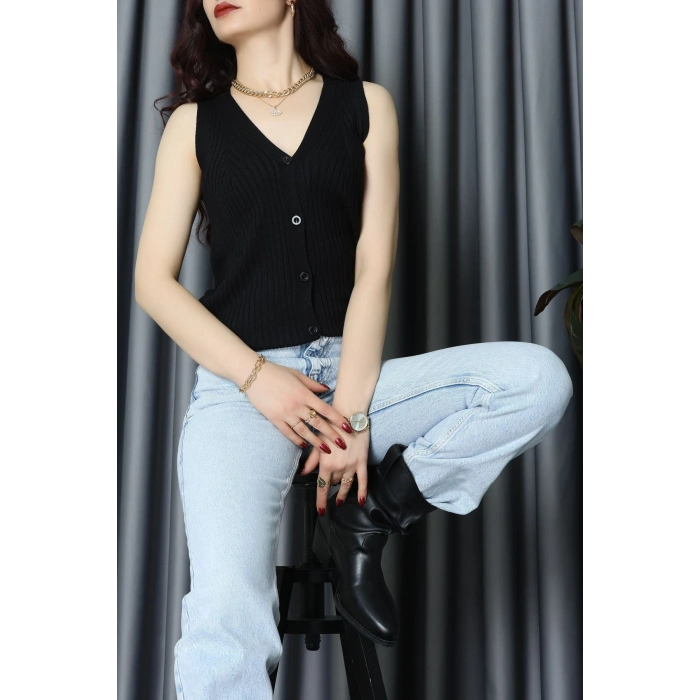 Kolsuz Düğmeli Triko Bluz Siyah - 71761.444.