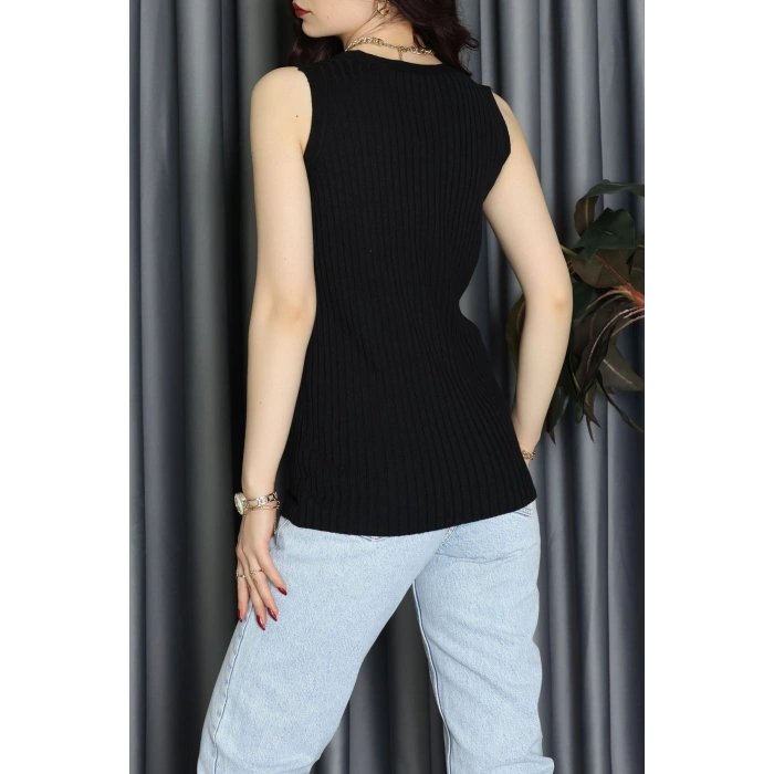 Kolsuz Düğmeli Triko Bluz Siyah - 71761.444.