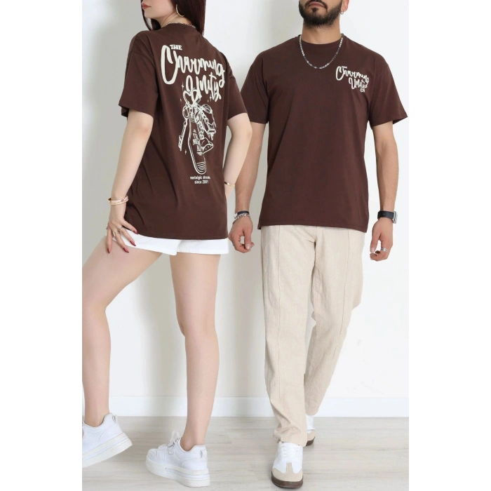 Kompak Penye Baskılı Unisex Oversize Tişört Acıkahve - 55135.1872.