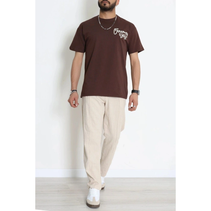 Kompak Penye Baskılı Unisex Oversize Tişört Acıkahve - 55135.1872.