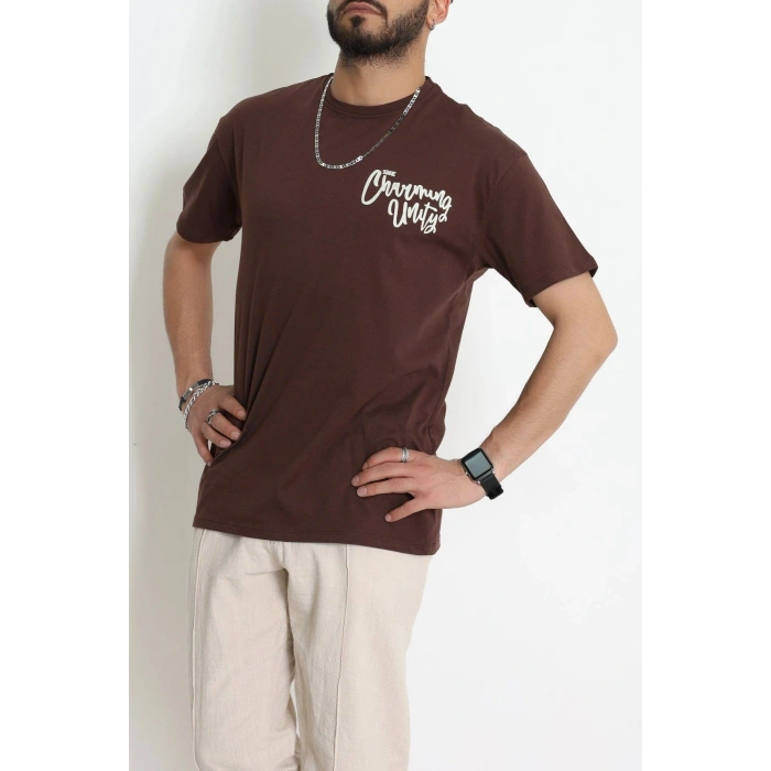 Kompak Penye Baskılı Unisex Oversize Tişört Acıkahve - 55135.1872.