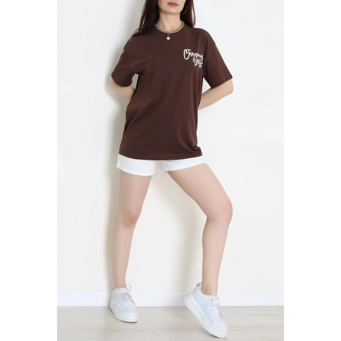 Kompak Penye Baskılı Unisex Oversize Tişört Acıkahve - 55135.1872.