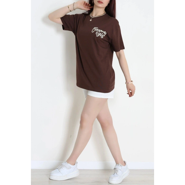 Kompak Penye Baskılı Unisex Oversize Tişört Acıkahve - 55135.1872.