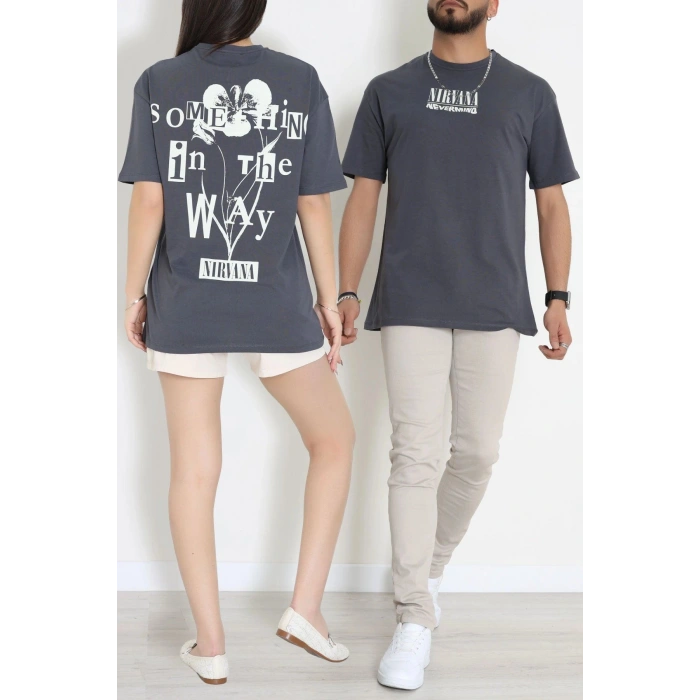 Kompak Penye Baskılı Unisex Oversize Tişört Antrasit - 55135.1872.