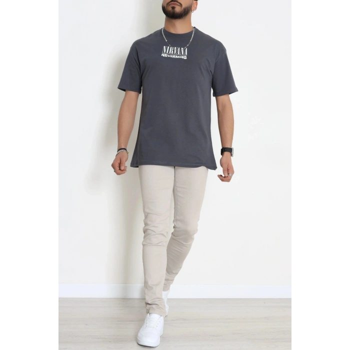 Kompak Penye Baskılı Unisex Oversize Tişört Antrasit - 55135.1872.