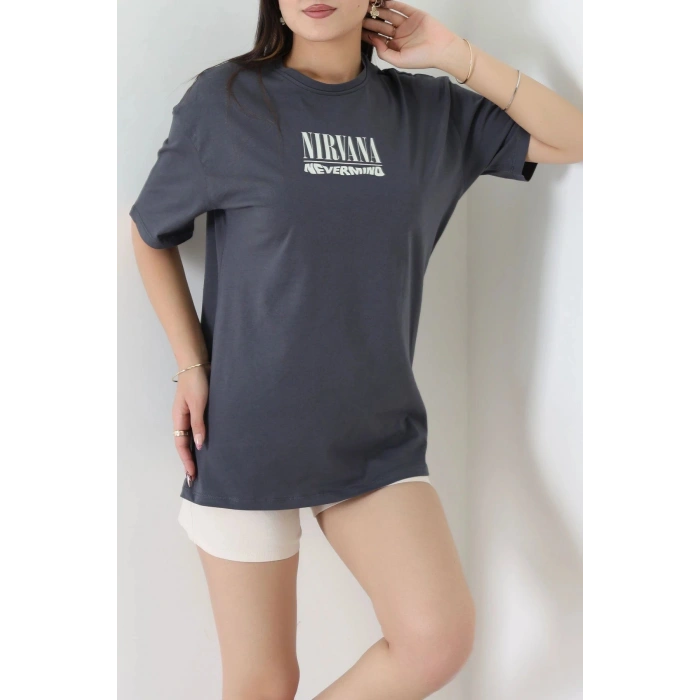 Kompak Penye Baskılı Unisex Oversize Tişört Antrasit - 55135.1872.
