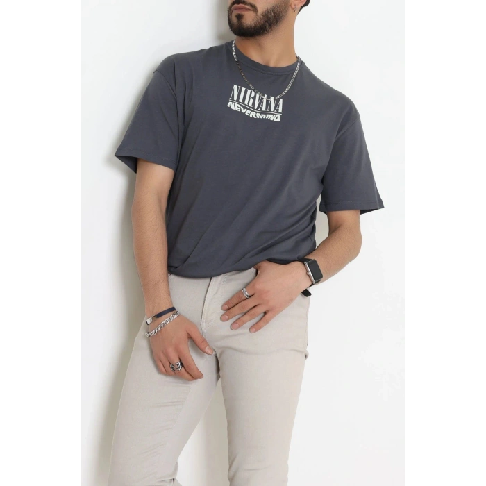 Kompak Penye Baskılı Unisex Oversize Tişört Antrasit - 55135.1872.