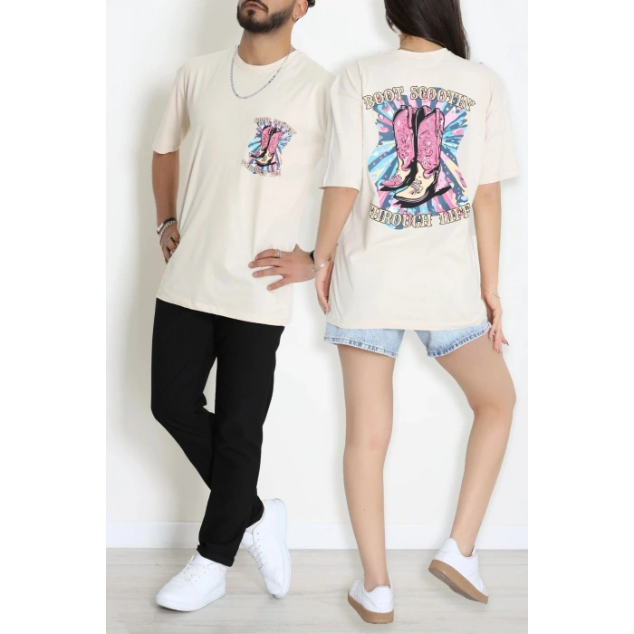 Kompak Penye Baskılı Unisex Oversize Tişört Bejfuşya - 55135.1872.