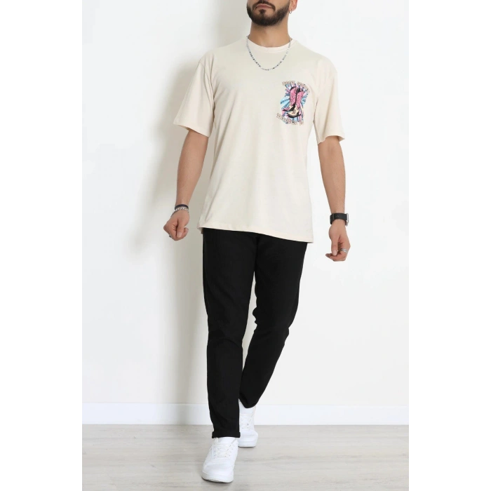 Kompak Penye Baskılı Unisex Oversize Tişört Bejfuşya - 55135.1872.