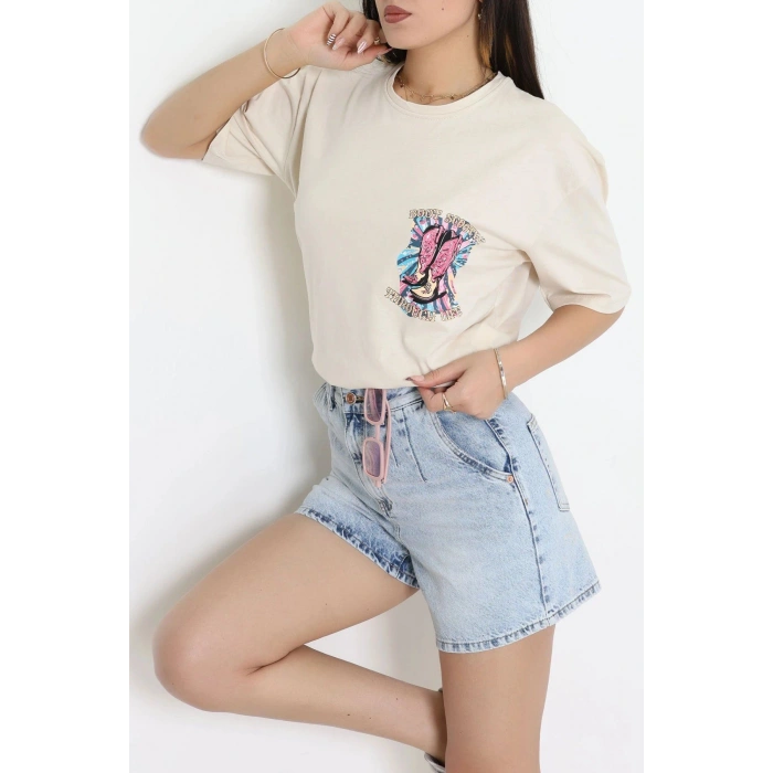 Kompak Penye Baskılı Unisex Oversize Tişört Bejfuşya - 55135.1872.