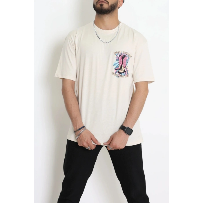 Kompak Penye Baskılı Unisex Oversize Tişört Bejfuşya - 55135.1872.