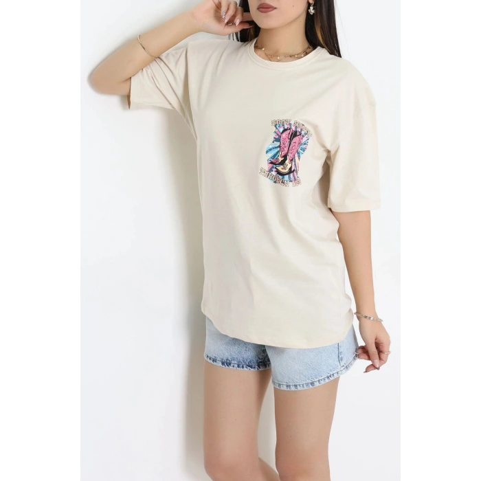 Kompak Penye Baskılı Unisex Oversize Tişört Bejfuşya - 55135.1872.