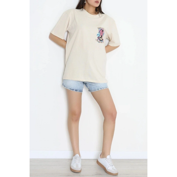 Kompak Penye Baskılı Unisex Oversize Tişört Bejfuşya - 55135.1872.