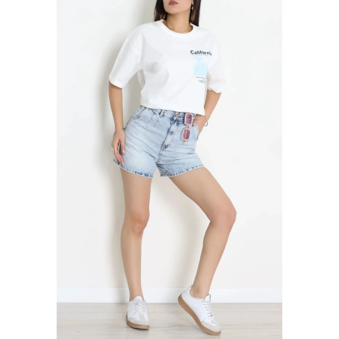 Kompak Penye Baskılı Unisex Oversize Tişört Beyazbebemavi - 55135.1872.