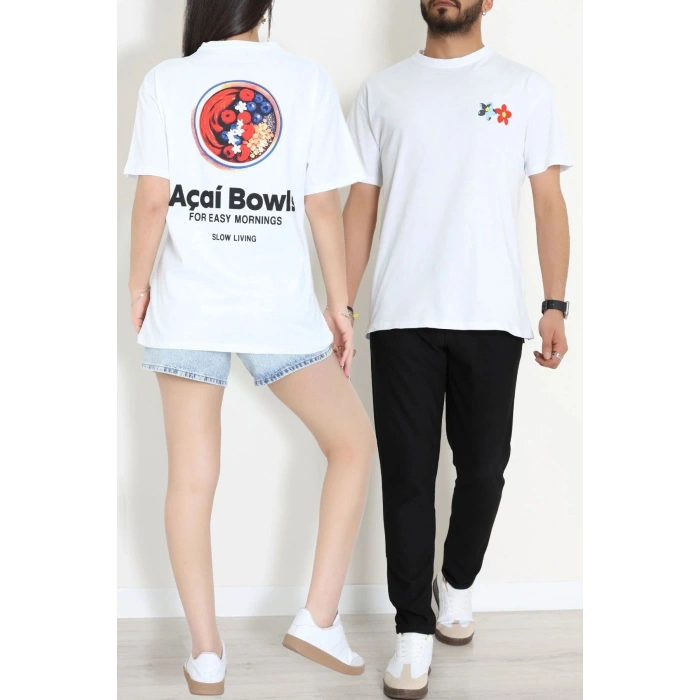 Kompak Penye Baskılı Unisex Oversize Tişört Beyazçiçek - 55135.1872.
