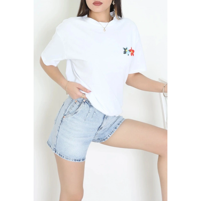 Kompak Penye Baskılı Unisex Oversize Tişört Beyazçiçek - 55135.1872.