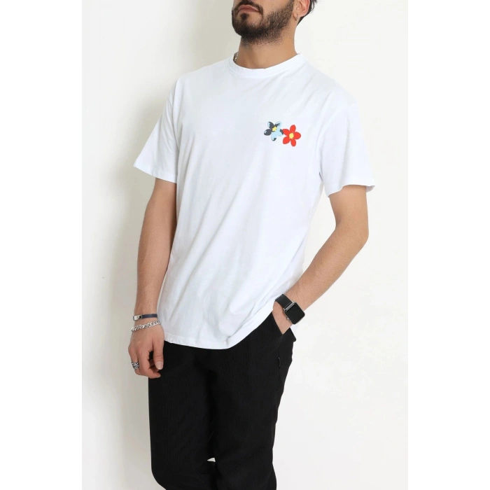 Kompak Penye Baskılı Unisex Oversize Tişört Beyazçiçek - 55135.1872.