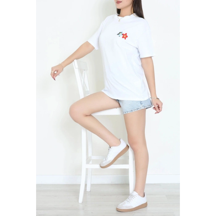 Kompak Penye Baskılı Unisex Oversize Tişört Beyazçiçek - 55135.1872.