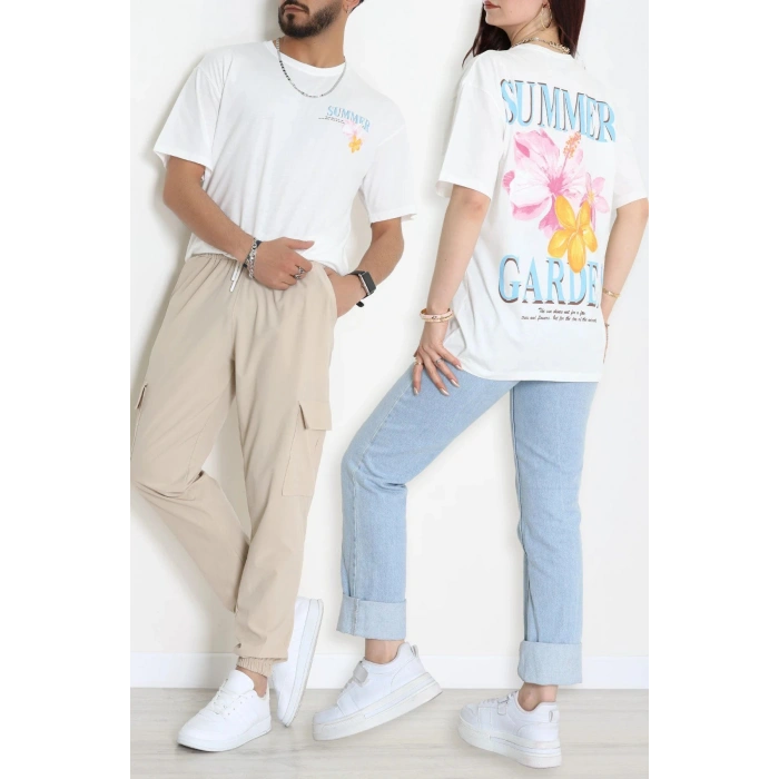 Kompak Penye Baskılı Unisex Oversize Tişört Beyazçiçekli - 55135.1872.