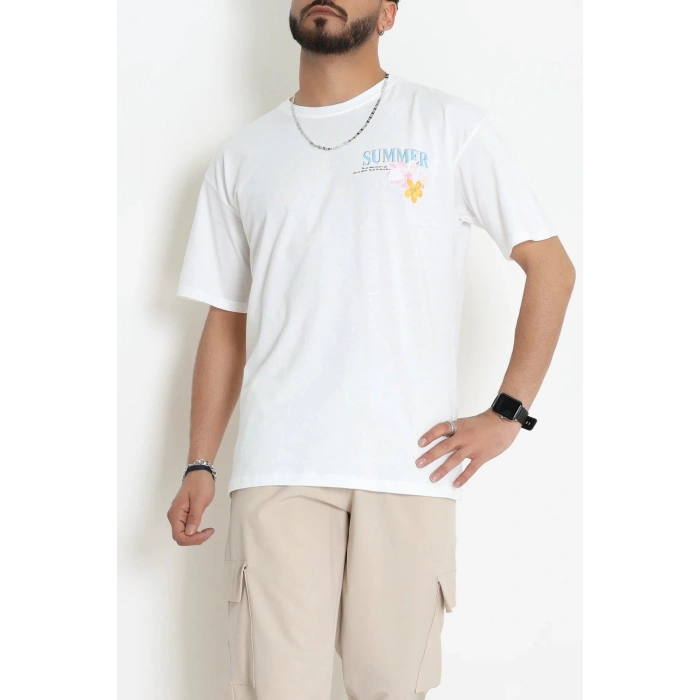 Kompak Penye Baskılı Unisex Oversize Tişört Beyazçiçekli - 55135.1872.