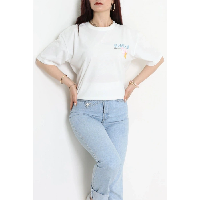 Kompak Penye Baskılı Unisex Oversize Tişört Beyazçiçekli - 55135.1872.