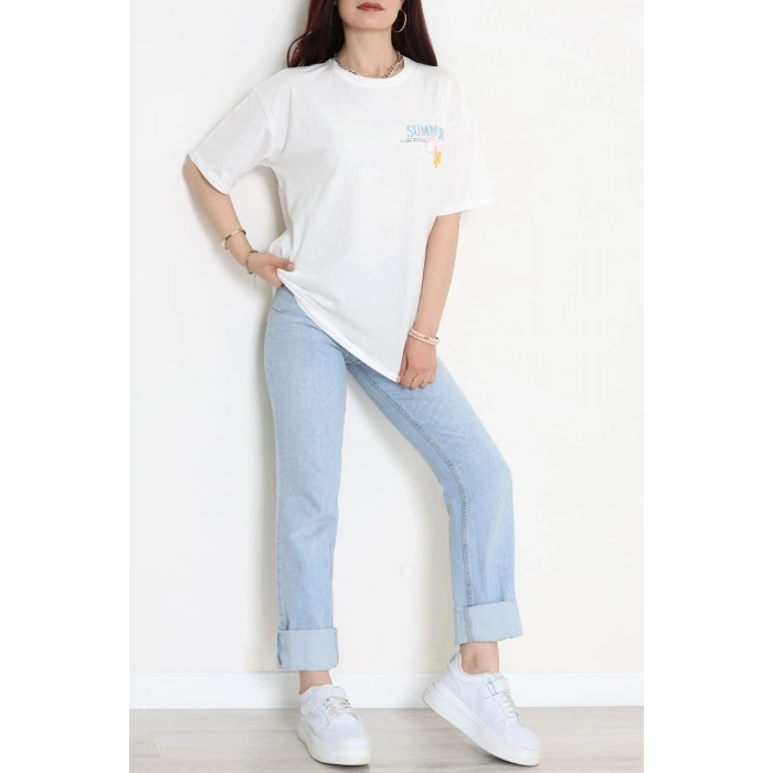 Kompak Penye Baskılı Unisex Oversize Tişört Beyazçiçekli - 55135.1872.