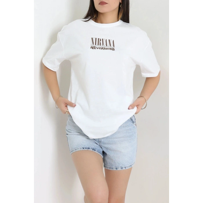 Kompak Penye Baskılı Unisex Oversize Tişört Beyazkahve - 55135.1872.