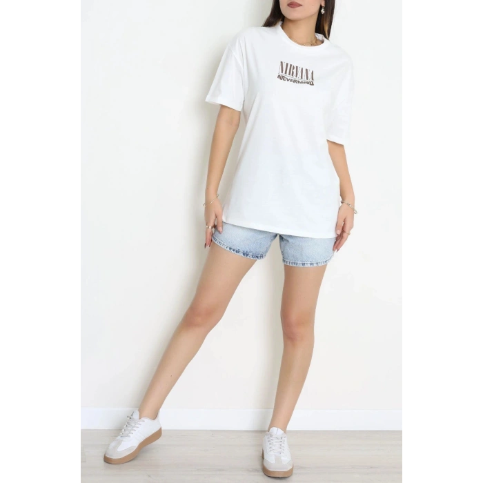 Kompak Penye Baskılı Unisex Oversize Tişört Beyazkahve - 55135.1872.
