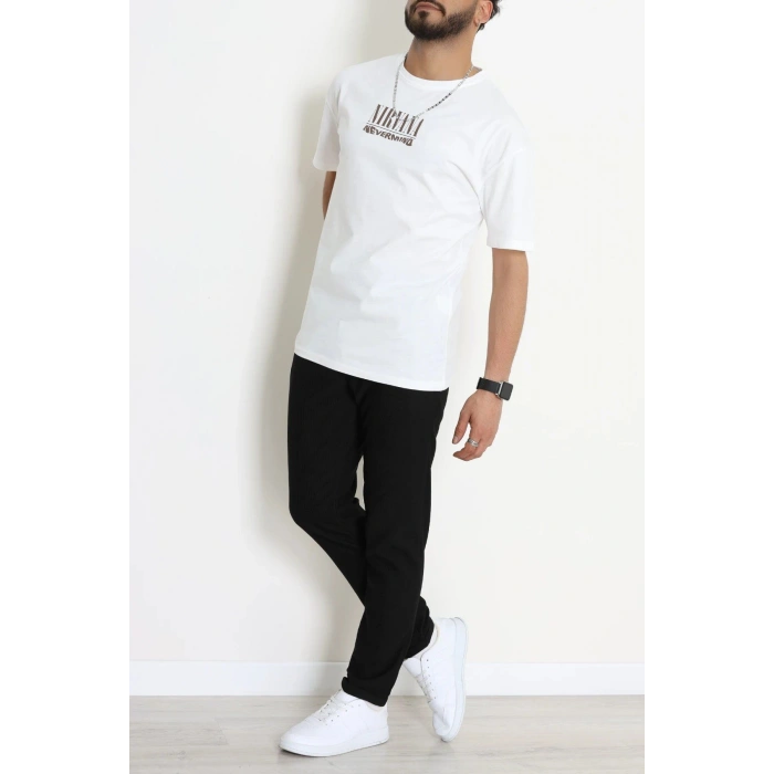 Kompak Penye Baskılı Unisex Oversize Tişört Beyazkahve - 55135.1872.